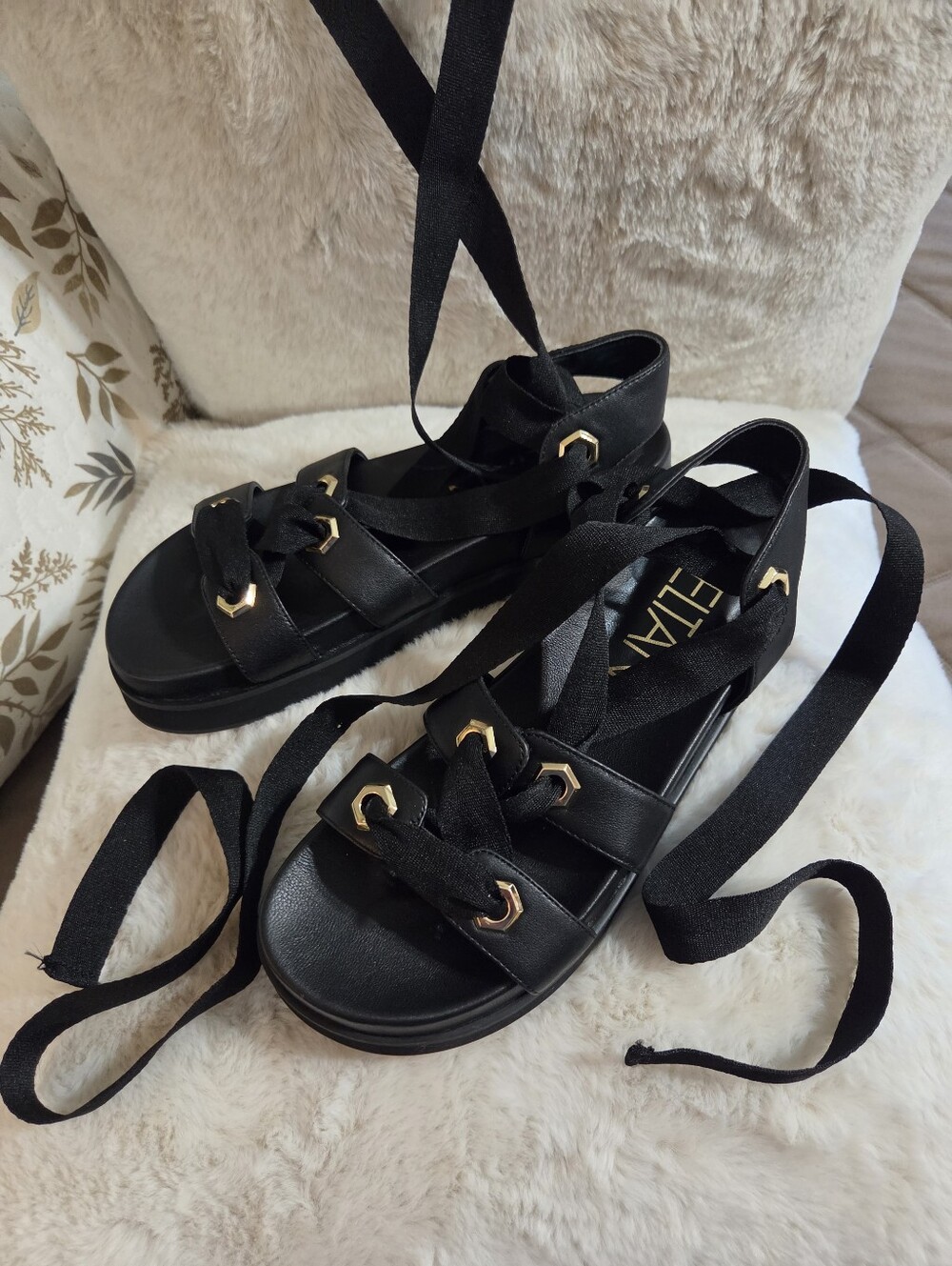Sleek Black Deltan Leather Platform Lace-Up Gladiator Sandals.  Women's Sz 7 1/2 - Picture 9 of 10
